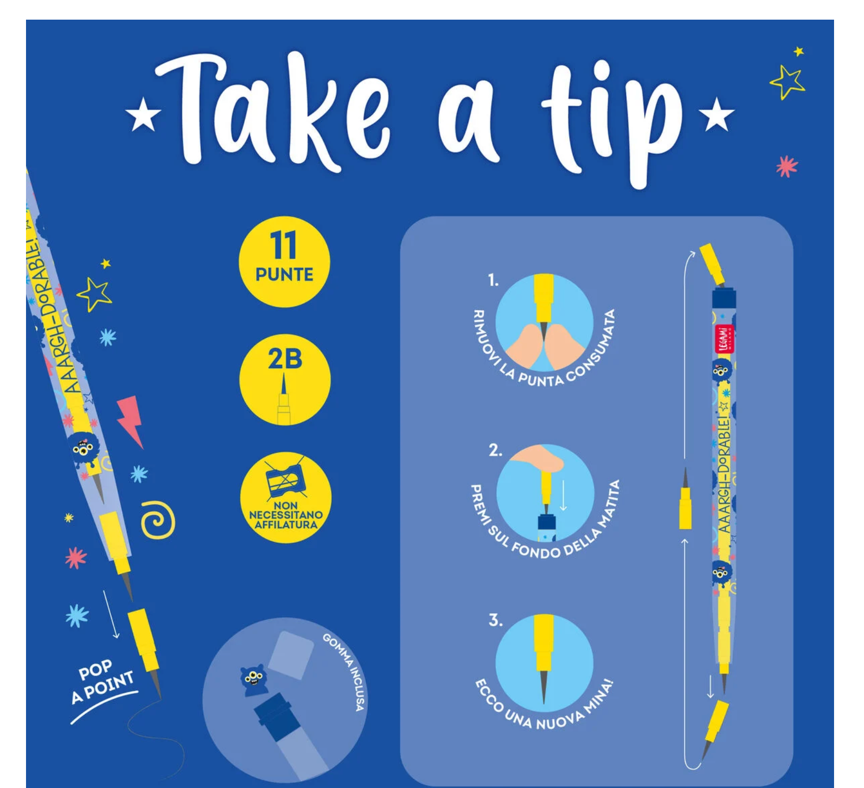 Matita Impilabile con Gomma - Take a Tip - Monster legami