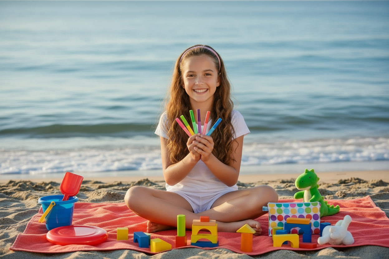 Ragazzina in spiaggia con pochette e penne colorate